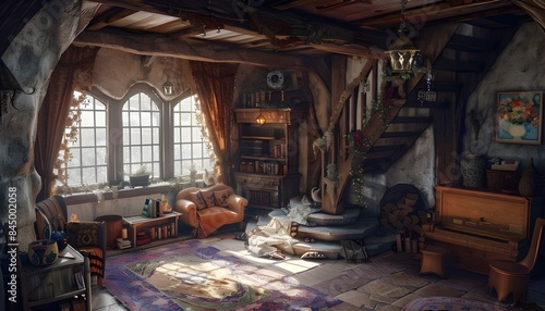Fairy Tale Cottage Interior. Fiction Children Backdrop. House Building Scenery.