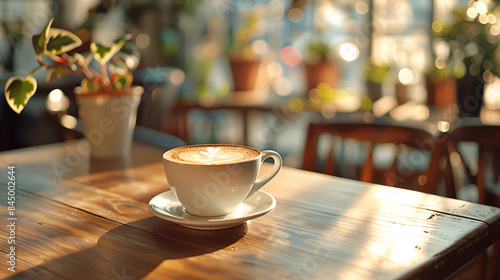  cup of coffee with latte art on a wooden table in a cafe  with a bokeh background.