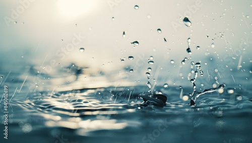 Wallpaper Mural Photorealistic rain drops falling on a water surface, white background Torontodigital.ca