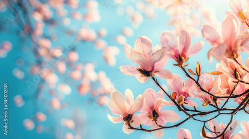 Magnificent Japanese magnolia flowers close up under blue sky