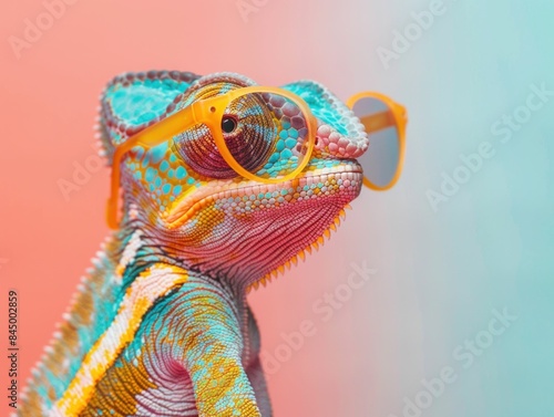 Chameleon lizard wearing sunglasses on vibrant pink and blue background reflecting travel and fashion trends