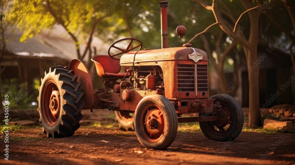 A red tractor is parked in a field with trees in the background A red tractor is parked in a field with trees in the background