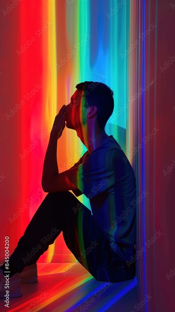 A person is sitting on the floor, leaning against a wall with their head turned to the side and one hand touching their face. The room is illuminated with vibrant colors reflecting a spectrum akin to A person is sitting on the floor, leaning against a wall with their head turned to the side and one hand touching their face. The room is illuminated with vibrant colors reflecting a spectrum akin to