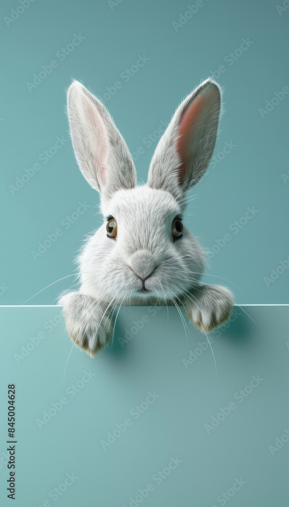 Adorable White Rabbit Peeking Over Edge with Curious Expression on Minimalistic Blue Background Perfect for Easter or Spring Themed Projects and Animal Lovers Everywhere Adorable White Rabbit Peeking Over Edge with Curious Expression on Minimalistic Blue Background Perfect for Easter or Spring Themed Projects and Animal Lovers Everywhere