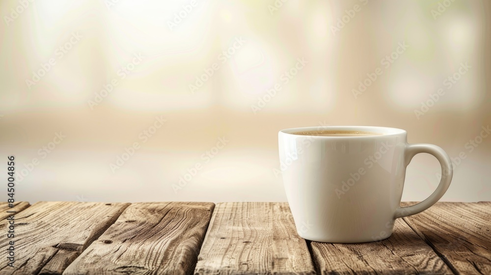 Empty white coffee cup on wood table with blank space hot drink blurred wall Empty white coffee cup on wood table with blank space hot drink blurred wall