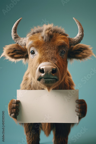 Funny Animal Portrait of a Bison Holding a Blank Sign with a Neutral Blue Background for Creative and Hilarious Personalized Messages or Advertisements photo