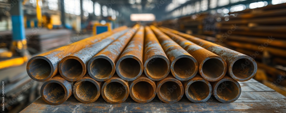 Rows of steel tubes at a manufacturing plant Rows of steel tubes at a manufacturing plant