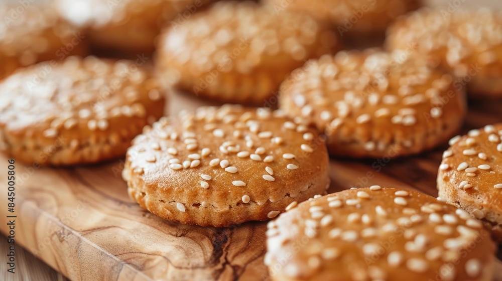Sesame seed cookies on a wooden surface Sweet treats with sesame seeds High calorie sesame cookies Sesame seed cookies on a wooden surface Sweet treats with sesame seeds High calorie sesame cookies