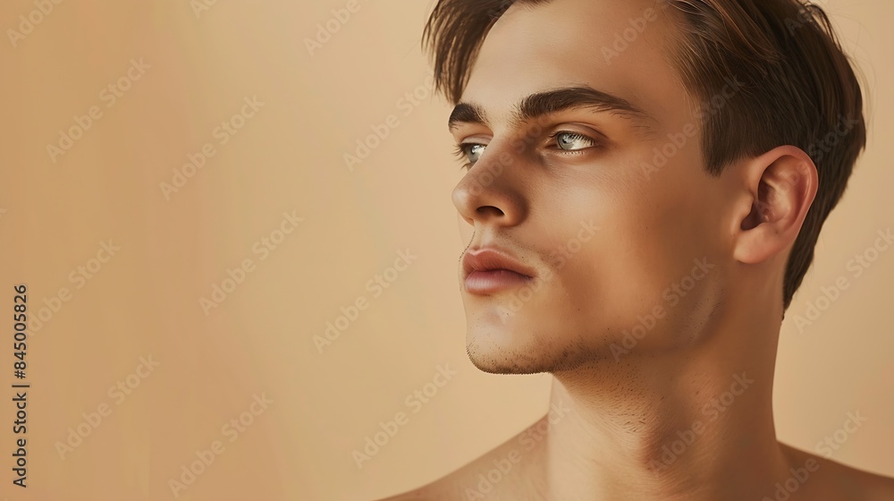 Headshot Close up portrait of young wellgroomed man looking away against beige studio background Mens personal care and beauty treatment Concept of youth spa procedures selfcare cosmet : Generative AI Headshot Close up portrait of young wellgroomed man looking away against beige studio background Mens personal care and beauty treatment Concept of youth spa procedures selfcare cosmet : Generative AI