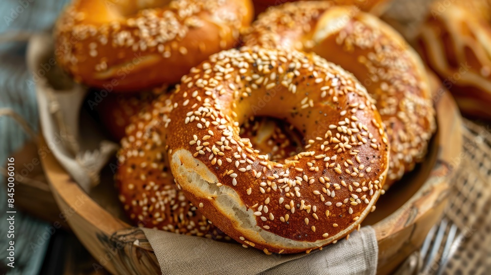 Freshly prepared bagel pretzel topped with sesame seeds presented outside on a dish