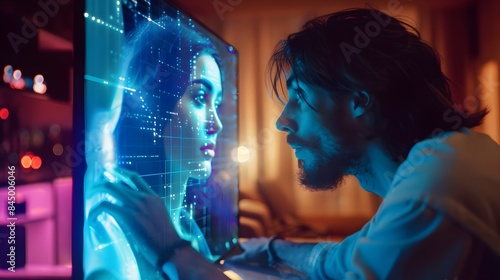 Lonely man reaches hand out longing for an A.I. virtual digital girlfriend on the computer screen