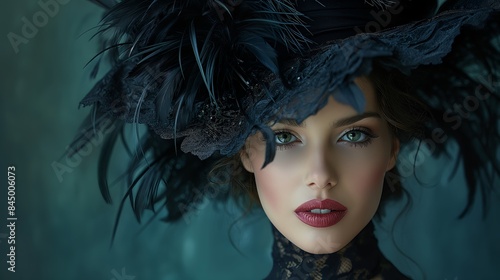 A woman in a black feather hat and lace collar stares intensely at the camera photo