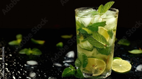 mojito with lime wedges and mint leaves and ice cubes in a glass. This drink is garnished with fresh mint leaves and a lime wedge.