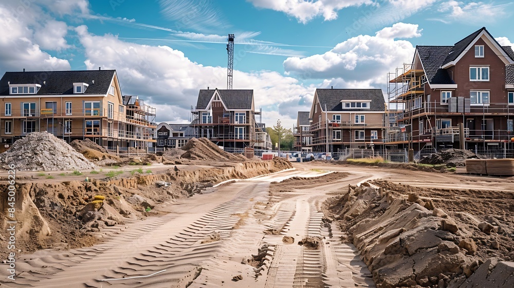© The Little Hut - construction site of a new Dutch Suburban area with modern family houses newly built modern family homes in the Netherlands : Generative AI
