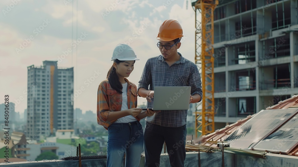 Professional Asian man and woman teamwork engineer and foreman using laptop working outdoor at construction site building rooftop Architecture inspector inspect building exterior struc : Generative AI Professional Asian man and woman teamwork engineer and foreman using laptop working outdoor at construction site building rooftop Architecture inspector inspect building exterior struc : Generative AI