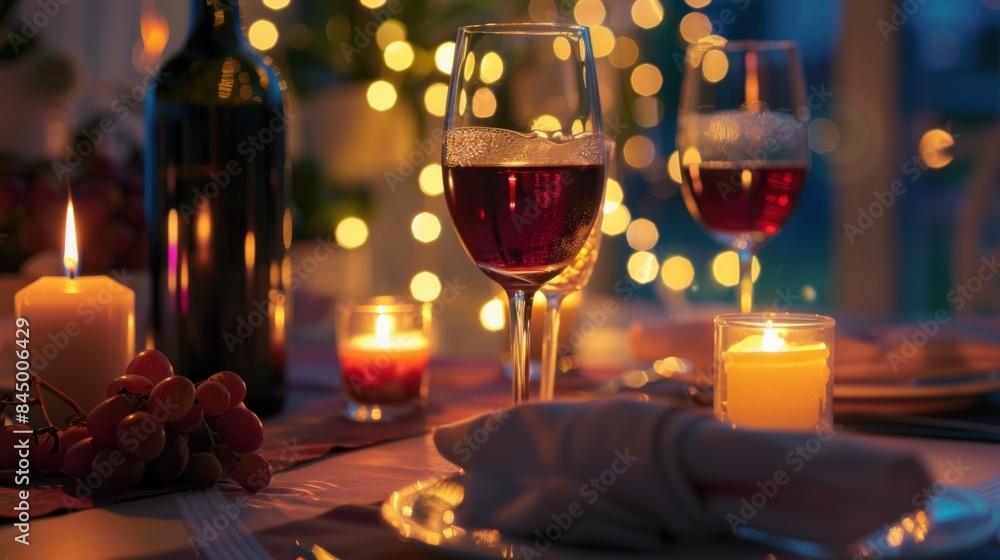 romantic dining table with burning candles and glasses of drinks