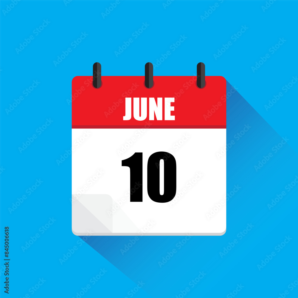 Vector calendar icon. June tenth date. Red and white colors. Blue background. Vector calendar icon. June tenth date. Red and white colors. Blue background.