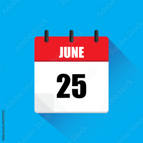 Vector calendar icon. June twenty fifth date. Red and white colors. Blue background.