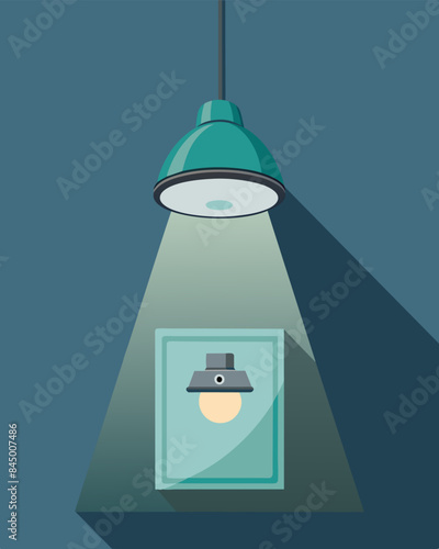 An overhead light in a public bathroom is fitted with an automatic switch ensuring it only stays illuminated when someone is in the room promoting energy conservation.. Vector illustration