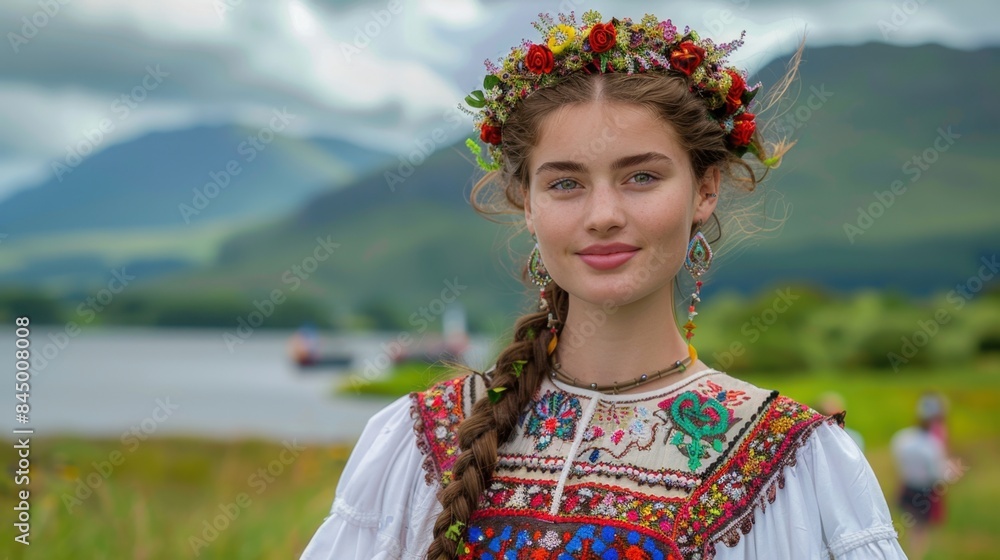 Fototapeta premium Young Irish Woman in Traditional Dancing Dress in Killarney National Park Art Collage 