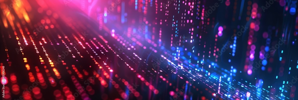 Fototapeta premium Abstract digital background with neon lights and binary code for a cyber technology concept.