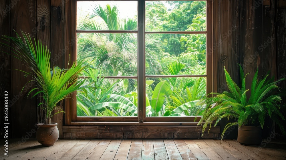 Wooden cabin interior with large window overlooking lush green forest, featuring potted tropical plants and rustic decor.