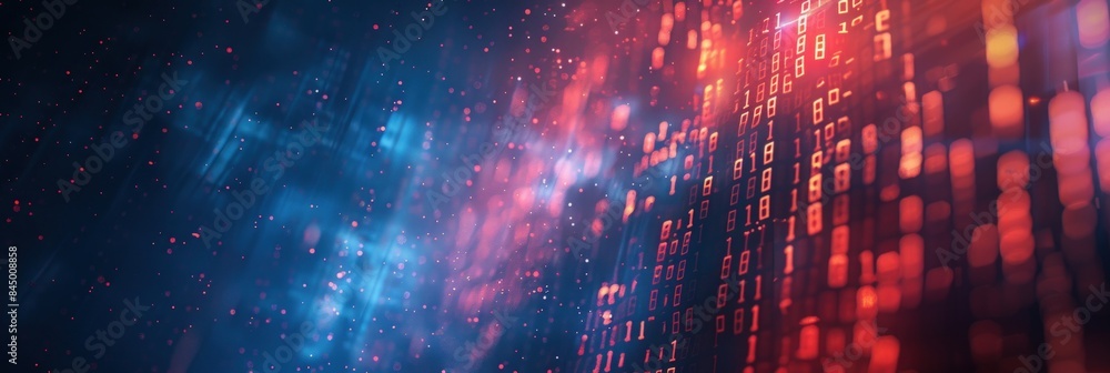 Obraz premium Abstract digital background with neon lights and binary code for a cyber technology concept.