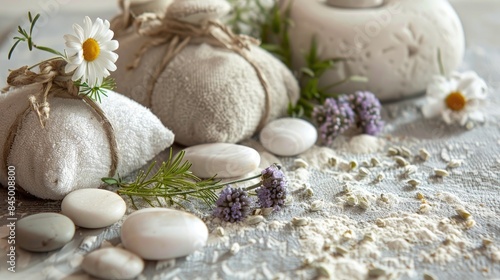 Close up image of spa accessories including stones flowers and herbal bags on a towel indoors