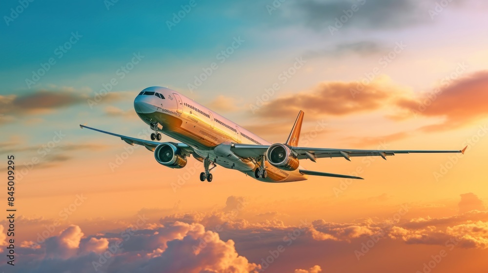 an airplane in flight, captured from the front side angle. The plane is visible against the backdrop of the rising sun an airplane in flight, captured from the front side angle. The plane is visible against the backdrop of the rising sun