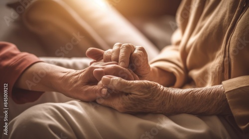 two hands holding each other. One hand belonged to someone older, with visible wrinkles and freckles, while the other hand looked younger and gently held an older hand. © Turus