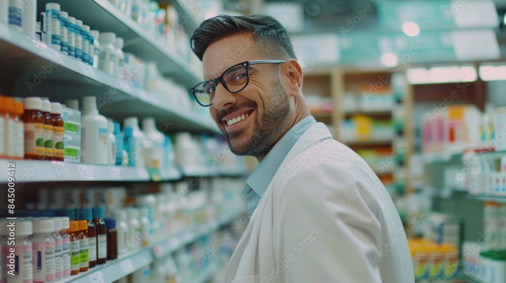 a man in a white lab coat stood in front of a shelf filled with various pharmaceutical products a man in a white lab coat stood in front of a shelf filled with various pharmaceutical products
