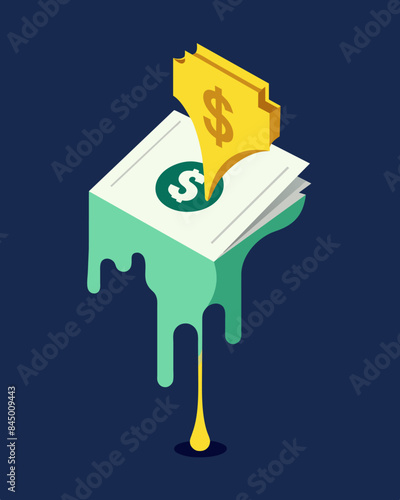 No longer a symbol of wealth the melting dollar bill turns into a worthless scrap of paper.. Vector illustration