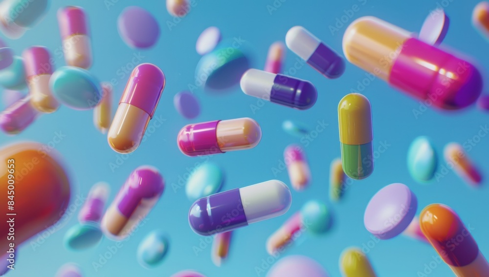 A closeup of colorful pills and tabloids floating in the air, with a blue background. A closeup of colorful pills and tabloids floating in the air, with a blue background.