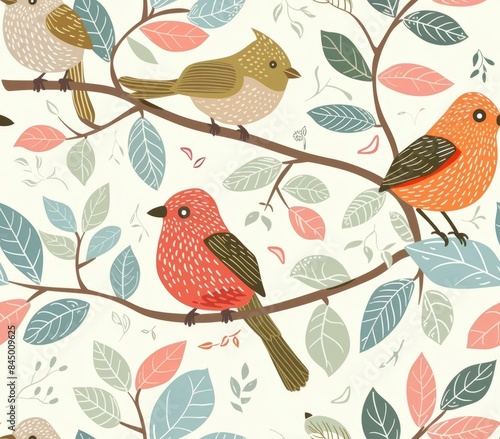 Seamless pattern of cute pet birds perched on branches with pastel colored leaves and floral elements in a delicate whimsical design The pattern features a variety of bird species in warm