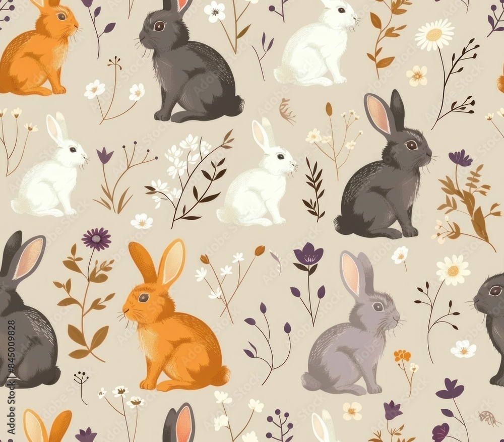 Seamless pattern design featuring a collection of adorable pet rabbits in various pastel colors surrounded by a delicate arrangement of flowers and foliage in a soft harmonious background Seamless pattern design featuring a collection of adorable pet rabbits in various pastel colors surrounded by a delicate arrangement of flowers and foliage in a soft harmonious background