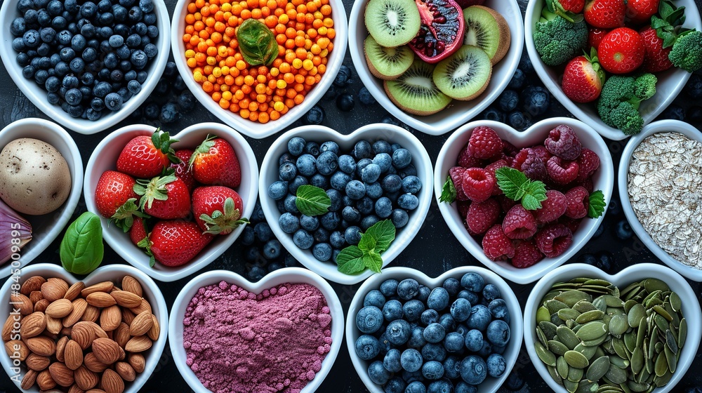 Fuel for the Heart: Vibrant Image Featuring a Heart-Shaped Bowl of Wholesome Foods Fuel for the Heart: Vibrant Image Featuring a Heart-Shaped Bowl of Wholesome Foods