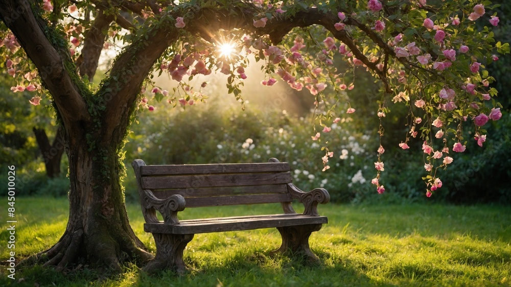 Wooden bench finds its place under tree flourishing with pink blossoms. Sunlight filters through leaves, casting warm glow on scene. Atmosphere tranquil, suggesting ideal spot for relaxation.