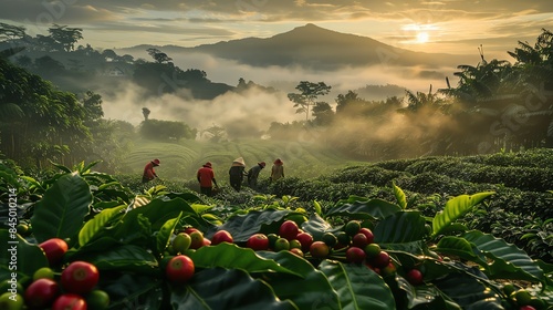 A coffee plantation at sunrise, workers handpicking ripe coffee cherries surrounded by lush green foliage