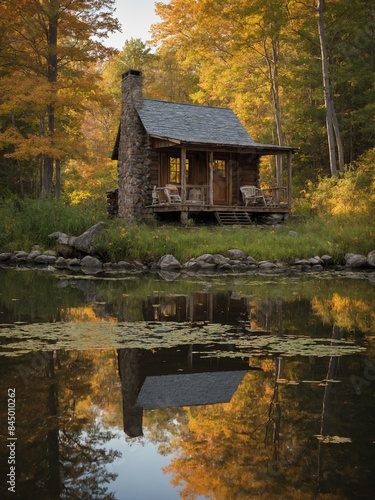 Rustic wooden cabin with stone chimney stands by pond, surrounded by trees in early autumn colors. Ponds calm water reflects cabin, trees, with floating leaves, lily pads.