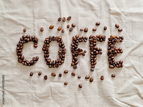 Coffee beans arranged to spell out the word COFFEE on a white tablecloth photo