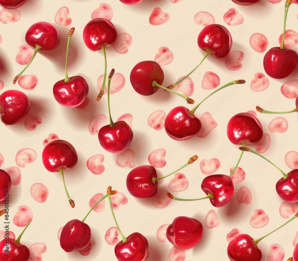 Delicate and Seamless Pattern Showcasing the Soft Romantic Form and Color of Ripe Red Cherries in Pastel Tones Beautiful Botanical Background Texture Perfect for Packaging Branding Delicate and Seamless Pattern Showcasing the Soft Romantic Form and Color of Ripe Red Cherries in Pastel Tones Beautiful Botanical Background Texture Perfect for Packaging Branding