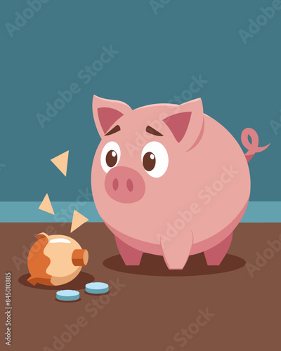 The broken piggy bank looks sadly at the happy ceramic pig in the store knowing it will never reach the same fate.. Vector illustration
