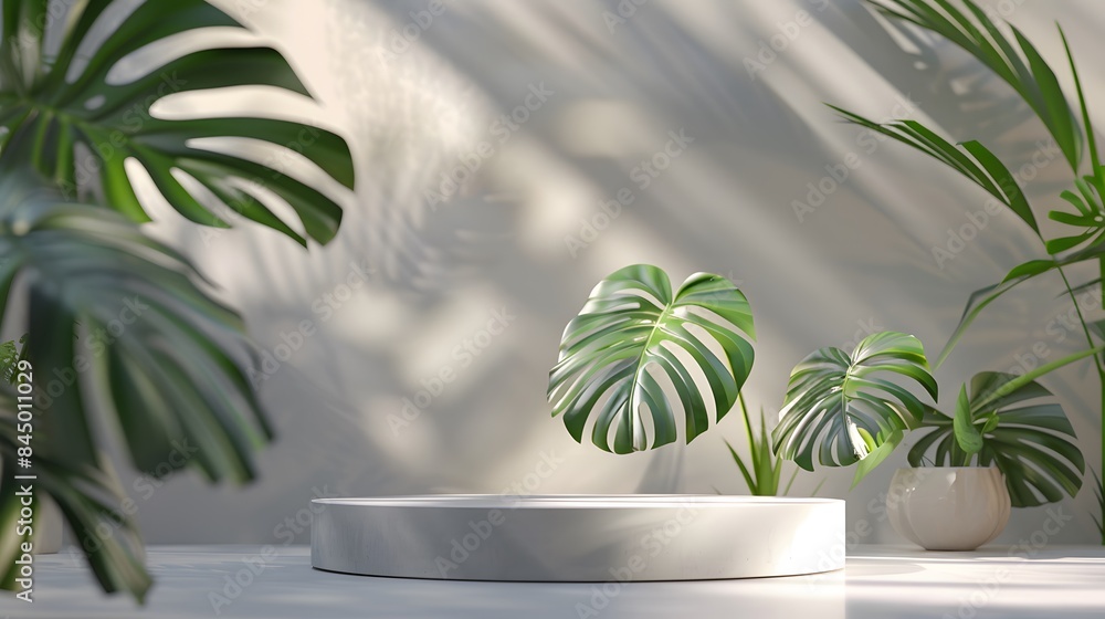 3D product presentation background with white podium and monstera leaf. 3D product presentation background with white podium and monstera leaf.