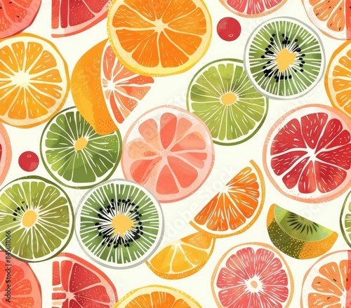 Seamless background pattern with various slices of tropical fruits in a soft pastel color palette The pattern features a repetitive mix of citrus fruits like orange lemon lime grapefruit