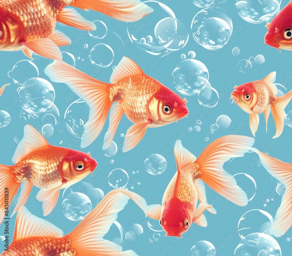 Fototapeta premium Peaceful underwater scene with colorful goldfish swimming among transparent bubbles in a seamless pastel pattern background Abstract minimalist aquarium design