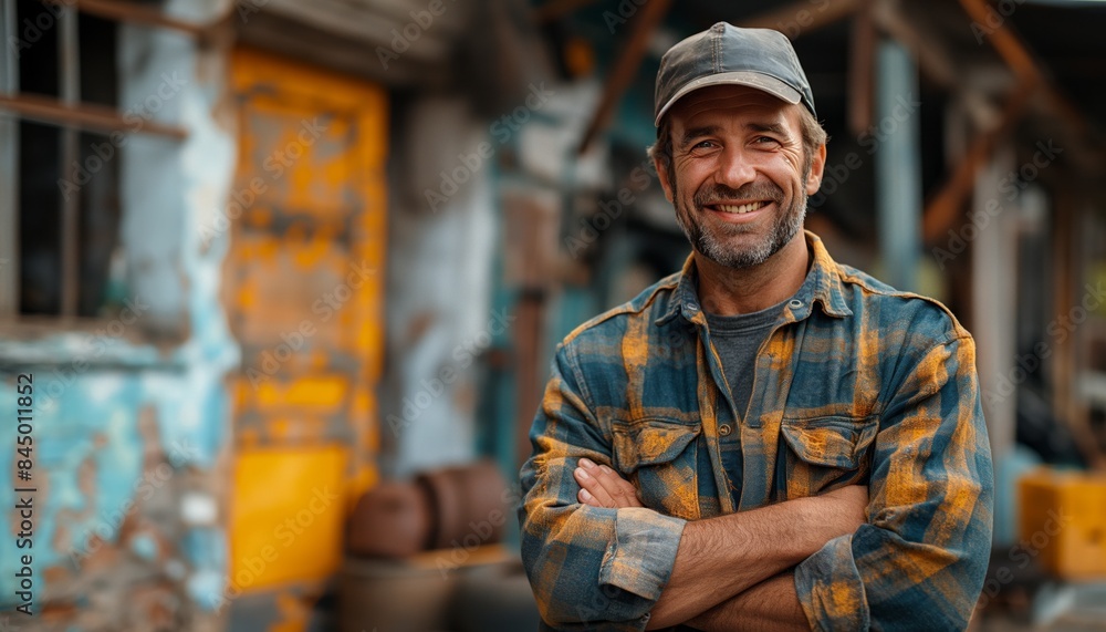 Man in plaid shirt at industrial site Man in plaid shirt at industrial site