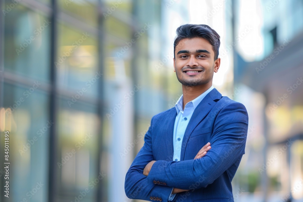 Portrait of handsome indian businessman standing with arms crossed, smiling and looking at camera Portrait of handsome indian businessman standing with arms crossed, smiling and looking at camera