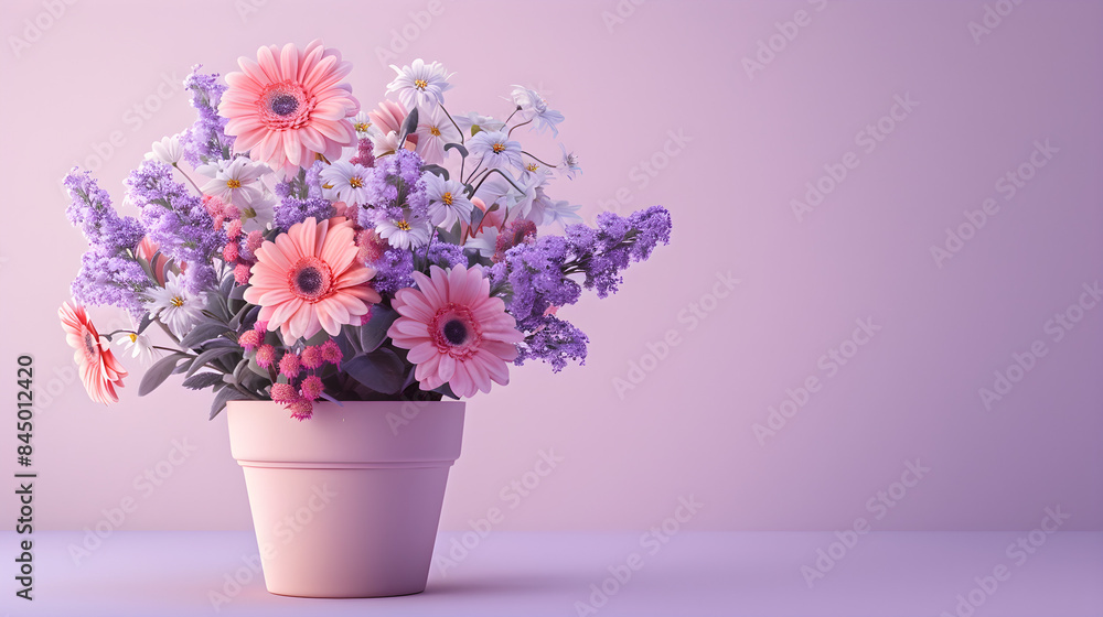 Beautiful spring flowers in a ceramic vase on a light purple background Beautiful spring flowers in a ceramic vase on a light purple background