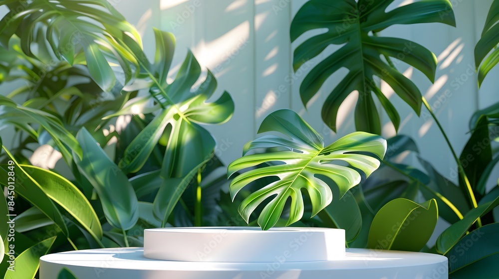 3D product presentation background with white podium and monstera leaf. 3D product presentation background with white podium and monstera leaf.