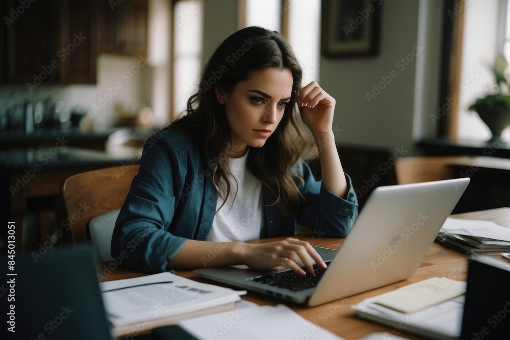a student woman sitting at a table with a laptop a student woman sitting at a table with a laptop